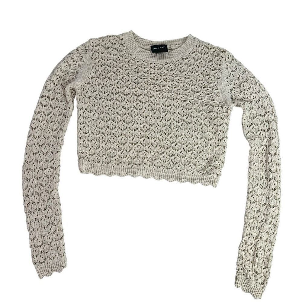 Miou Muse Medium Ivory Crochet Long Sleeve Sweater
